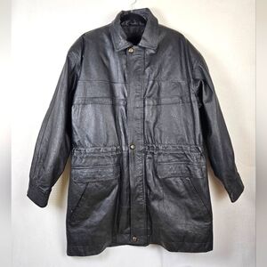 Vintage DD Double Long 100% Leather Western Chore Jacket Size Large Black